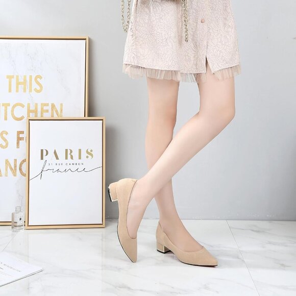 Women's Nude Suede Low Heels Stacked Block Heeled Causal Flats Pumps Shoes - Picture 5 of 7